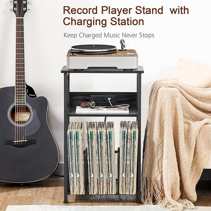 AMHANCIBLE Record Player Stand with Charging Station, Turntable Stand with Storage Cabinet, 3 Tier End Table Hold Up to 100 Albums, Record Stand for Vinyl, Living Room, Black, HETCD01BK-1