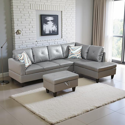 Couches for Living Room Faux Leather L Shaped Couch Comfy 3 Pieces Sectional Sofa with Chaise, Ottoman with Storage for Office and Small Apartment, Dark Grey