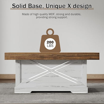 Coffee Table 39 in Farmhouse Center Table with X-Design Wooden Pedestal for Living Room, Space Saving, Easy Assembly Rectangle Home Office Tea Accent Table for Apartment, Antique White Walnut