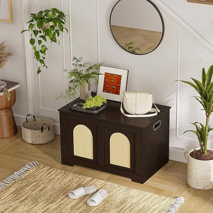 DINZI LVJ Storage Chest, 31.5" Rattan-Like Toy Box with 2 Safety Hinges, Wooden Entryway Storage Bench with Flip-Top, Storage Trunk for Living Room, Bedroom, Easy Assembly, Espresso and Natural