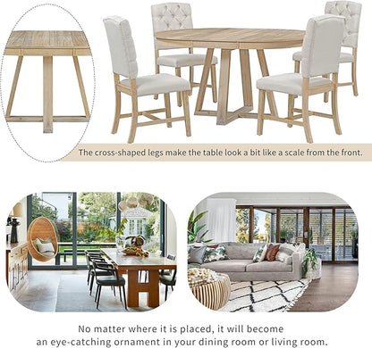 Ball & Cast 5 Piece Dining Table Set with 4 Upholstered Chairs,Living Room Furniture W/ 42" Table,Tabletop Can be Adjusted from Round to Oval in Shape,for Restaurant,Home Bistro,Natural