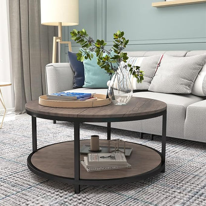 NSdirect Round Coffee Table,36" Coffee Table for Living Room,2-Tier Rustic Wood Desktop with Storage Shelf Modern Design Home Furniture(Light Walnut)
