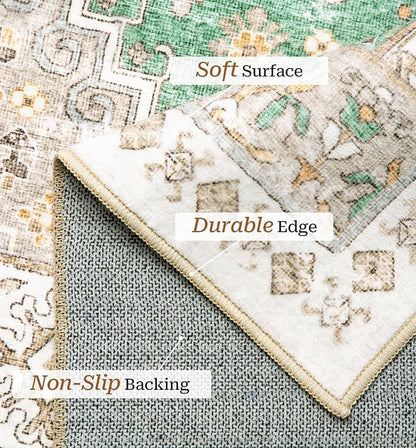 zesthome 5x7 Area Rugs - Ultra-Thin Washble Rug, Stain Resistant Anti Slip Backing Rugs for Living Room,Bedroom, Vintage Home Decor Area Rug (Green/Brown,5'x7')