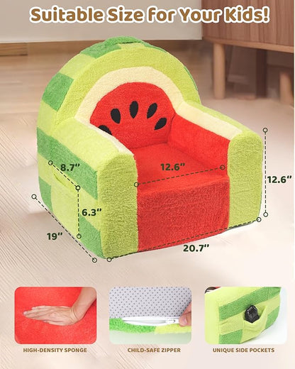 Toddler Chair, Comfy Foam Kids Couch with Soft Velvet Cover, Toddler Couch with Cute Watermelon Design for Gaming and Studying, Kids Sofa for Boys and Girls
