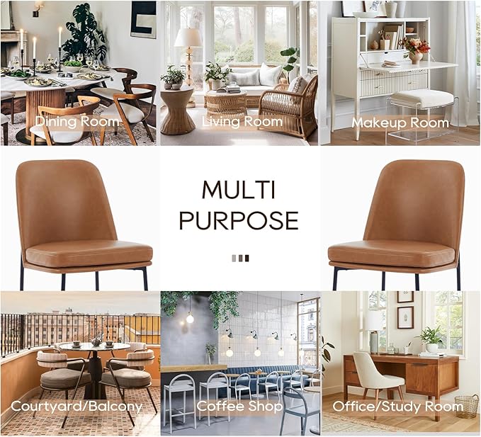 COLAMY Modern Dining Chairs Set of 6, Faux Leather Upholstered Kitchen Chairs with Curved Back & Metal Legs, Mid-Century Dining Room Chair (Brown)