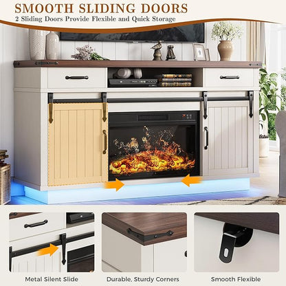59'' Fireplace TV Stand with 3D Flame Electric Fireplace Heater, 34'' Tall Farmhouse TV Stand for 65 Inch TV, Entertainment Center TV Console with 2 Drawers, Sliding Barn Door for Living Room - White