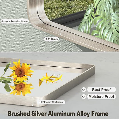 55x36 Inch Brushed Nickel Bathroom Mirror, Large Brushed Silver Metal Framed Wall Mirror, Rounded Corner Rectangle Modern Vanity Mirror, Tempered Glass, Anti-Rust, Shatterproof (Horizontal/Vertical)