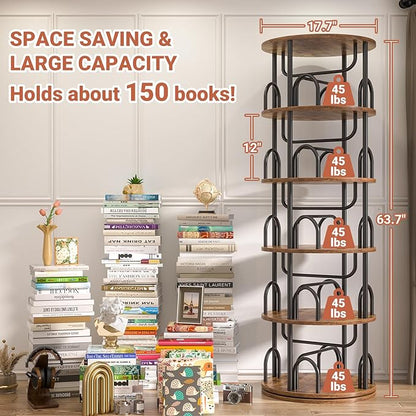 Aheaplus 5 Tier Rotating Bookshelf Tower, 360 Display Spinning Bookcase, Revolving Round Book Shelf Narrow Swivel Bookshelf, Vertical Turning Corner Book Organizer for Small Space, Rustic Brown