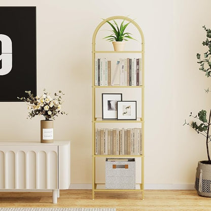 Homhedy Bookshelf Arched Display Racks,Metal Bookcase,Tempered Glass Shelves,Storage Rack Shelf for Home Office,Living Room,Bedroom, Bathroom,Modern Style (Golden, 11.8" D x 13.8" W x 57.1" H)