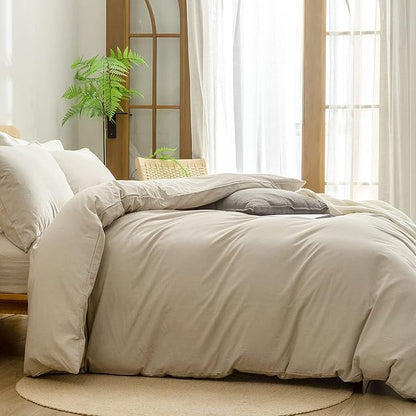 BESTOUCH Duvet Cover Set 100% Washed Cotton Linen Feel Super Soft Comfortable Chic Lightweight 3 PCs Home Bedding Set Solid Almond Milk Grey Oversized King