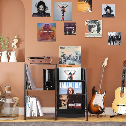 Record Player Stand, 3-Tier Vinyl Record Storage, Turntable Stand with Now Playing Holder, Vinyl Display for Living Room, Rustic Brown