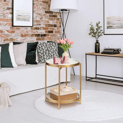 TeoKJ 2 Tier Gold Side Table, Folding Round Metal End Table Small Nightstand with Two Removable Tray for Bedroom Living Room Bedside Small Spaces Gold + White