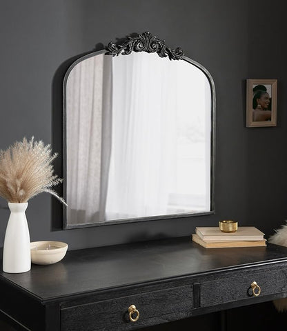 Kate and Laurel Arendahl Ornate Traditional Square Arched Mirror; 28 x 30; Antique Black; Decorative Baroque Style Arch Vintage Mirror with Wide Frame and Ornamental Crown