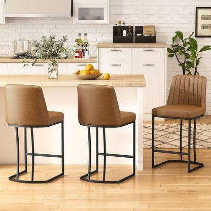 Counter Height Bar Stools Set of 2, Upholstered Leather Barrel Barstools with Back and Metal Legs for Kitchen Island, 27.4" Seat Height, Fabric in Faux Leather, Rustic Brown