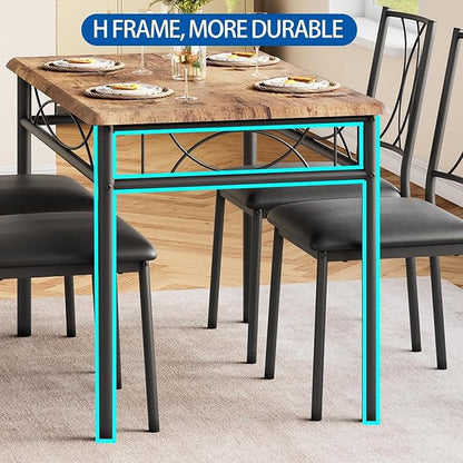 IDEALHOUSE Dining Table Set for 4, 5 Piece Dining Table Set with 4 Upholstered Chairs, Rectangular Dining Room Table Set of 4 for Small Space, Apartment, Retro Brown