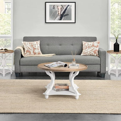 Wnutrees Farmhouse Round Coffee Table, Wood Tray Top Circle Coffee Table with Storage Shelf Rustic Style for Living Room and Vintage Finish, White