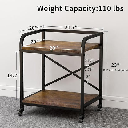 2 Tier Under Desk Printer Stand, Large Printer Table with Height Adjustable Shelf, Rolling Printer Cart with Industrial Wheels for Home Office, Scanner Fax (Rustic Brown)