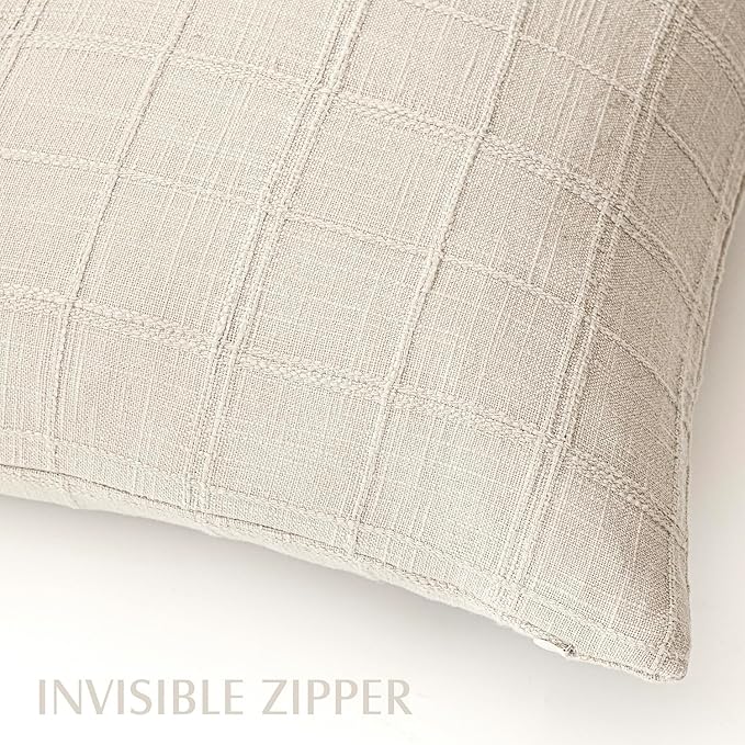 Foindtower Set of 2 Decorative Linen Check Throw Pillow Covers Neutral Farmhouse Vintage Cushion Covers Modern Boho Home Decor For Sofa Chair Couch Bedroom Living Room Outdoor,16×16 Inch,Natural Beige
