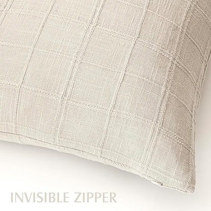 Foindtower Set of 2 Decorative Linen Check Throw Pillow Covers Neutral Farmhouse Vintage Cushion Covers Modern Boho Home Decor For Sofa Chair Couch Bedroom Living Room Outdoor,16×16 Inch,Natural Beige