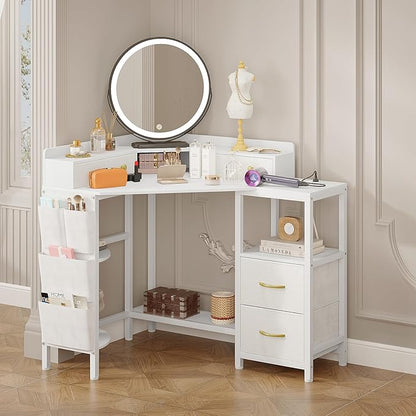 Corner Desk with 6 Drawers Shelves for Small Space Computer Desk with Power Outlets,Gaming Desk with Printer Monitor Stand Storage for Home Office Workstation Writing Table (White, 31.5)
