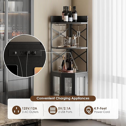 Corner Bar Cabinet with Power Outlet, 5-Tier Corner Wine Cabinet with Led Strip and Glass Holder, Industrial Tall Liquor Cabinet Bar Wine Rack for Home，Black