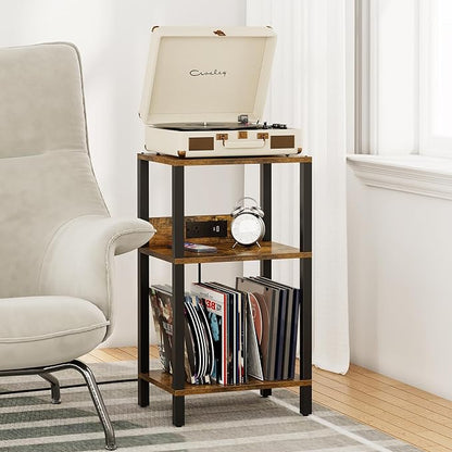 TUTOTAK Record Player Stand with Storage Up to 100 Albums，Record Storage Table,3 Tier End Table with Charging Station,Side Table for Living Room, Bedroom, Brown TB01BB076