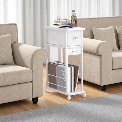 Side Table with Charging Station and Drawer, Narrow End Table with USB Ports and Outlets for Small Space, Living Room, Bedroom and Office, with 4 Wheels (1, White)
