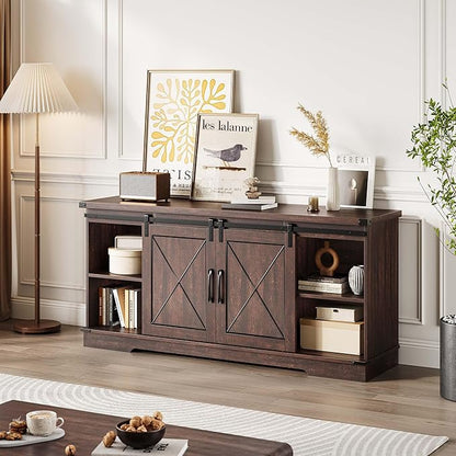 CABIHOME Farmhouse TV Stand and Entertainment Center for Tv up to 65 inches with Sliding Barn Doors and Adjustable Shelf, TV Media Storage Console Table for Living Room, Brown