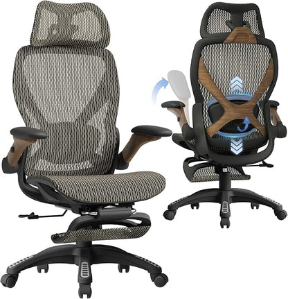 ELABEST X100 Ergonomic Office Chair with Footrest, Big and Tall Home Desk Chair with 5D Flip-Up Arms, Adjustable 3D Lumbar Support,High Back Rolling Computer Chair, Swivel Mesh Chairs (Coffee Break)