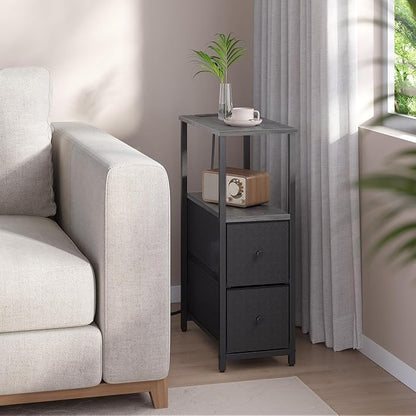 TUTOTAK Small Narrow End Table with Charging Station, Set of 2, Side Table with Outlets, Nightstand with 2 Cloth Drawers, Couch Table, for Living Room, Bedroom, Bedside, Charcoal Grey TB01BY055