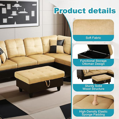Couches for Living Room Modern L Shaped Couch Comfy Lint Fabric 3 Pieces Sectional Sofa with Chaise, Ottoman with Storage for Office and Small Apartment, Beige and Brown