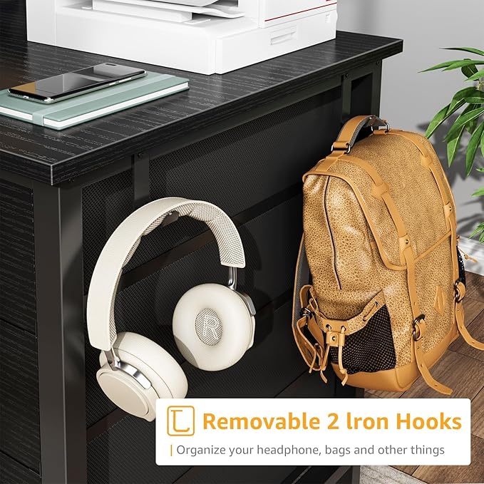 Black Gaming Desk with Fabric Drawers on Both Sides, 55 Inch Home Office Computer Study Writing Work PC Desk with 8 Storage Drawers Storage for Bedroom