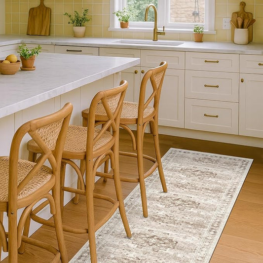 Boho Bathroom Rug 2x5 Runner, Neutral Farmhouse Kitchen Rugs, Small Throw Runners for Laundry Room Bedroom, Vintage Floral Décor, Non-Slip Low-Pile Washable Stain Resistant Beige Latte
