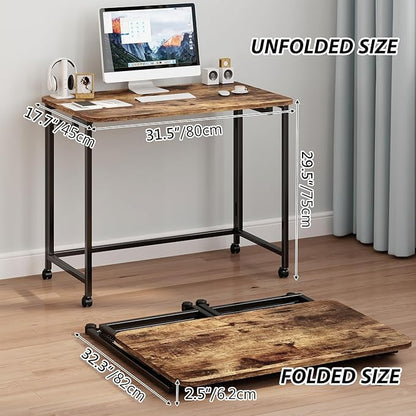 JSB Small Folding Computer Desk with Storage Bag and Hook Writing Modern Industrial Work Table Laptop for Home Office White (Rustic & Brown, 31.5")