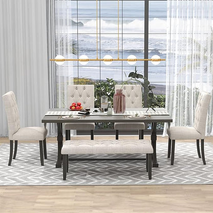 Ball & Cast 6 Piece Dining Table Set with 4 Upholstered Chairs and 1 Bench,Wooden Living Room Furniture for 6 W/ 72" Rectangle Desk,for Small Space,Apartment,Dining Room,Gray