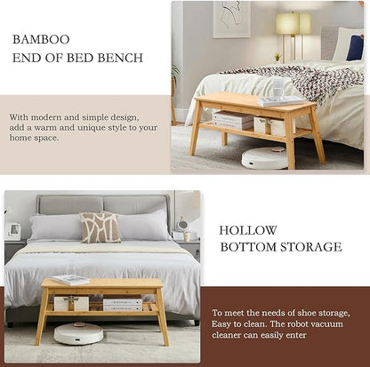 Nnewvante 33.46" Bamboo Entryway Bench, 2 Tier Indoor Storage Bench, Wood Bench for Living Room, Dining Room, Bedroom, Hallway, Holds up to 300lbs