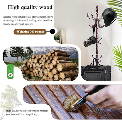 Coat Rack Stand, Solid Wooden Coat Tree with 14 Hooks, Heavy Duty Coat Rack Freestanding with Sturdy Round Base, Natural Birch Wood Coat Hanger Stand for Entryway Bedroom (Swing)