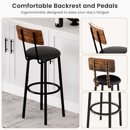 Bar Stools with Back, High Kitchen Barstools with Back, Counter Stools Bar Chairs with Backrest, Footrest, Industrial Seat for Dining Room Kitchen Bar (Rustic Brown and Black) BS-003RBV1