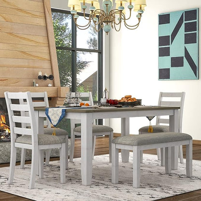 Ball & Cast 6 Piece Dining Table Set with 4 Upholstered Chairs & 1 Bench,Wooden Living Room Furniture W/ 60" Rectangle Kitchen Desk,for Restaurant,Home Bistro,Brown+White Wash
