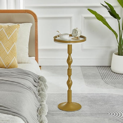 Small Round Drink Table,Pedestal Tables,Small Round Side Table for Narrow Spaces,End Table for Living Room, Bedroom, Bathroom,Balcony (White Gold)