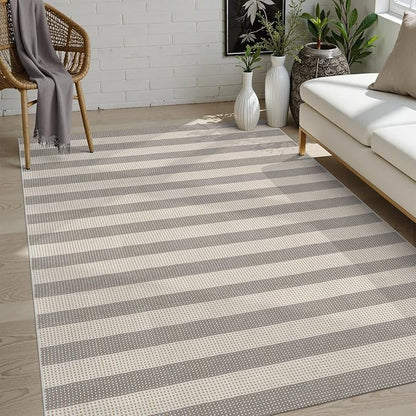 OJIA Outdoor Rug 5'x7' Striped Patio Rug Washable Indoor Outdoor Carpet Cotton Woven Outside Farmhouse Enrtyway Rug Large Area Rugs for Living Room Bedroom Backyard (Gray/White/Tan)