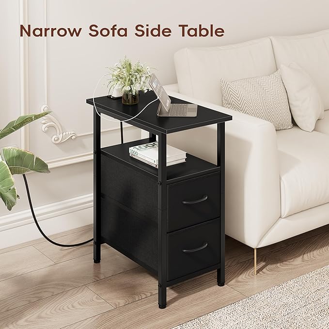 Vagusicc Black End Table with Charging Station, Narrow Side Table, 23.8'' Tall Nightstand with 2 Fabric Drawers, Small Sofa Side Table Narrow Nightstand for Small Spaces, Living Room, Bedroom, Black