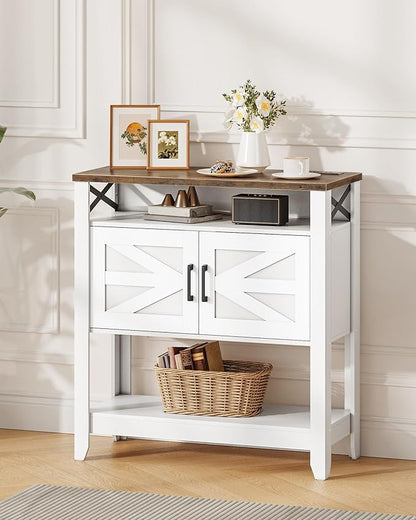 Console Table, Farmhouse Sofa Table with Power Outlet, Entryway Table with Cabinet and Open Shelves, Coffee Bar Cabinet with Storage for Entrance, Hallway, Kitchen, White and Walnut MXG01UWL