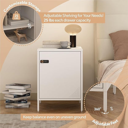 Metal Locker End Table Single Door Nightstand Lockable Bedside Table Storage Cabinet for Bedroom, Dorm, 21.26”H X 15.75”W X 15.75”D (1 Door, White)