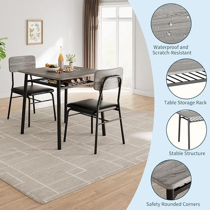 IDEALHOUSE 3-Piece Dining Table Set for 2 with Storage Rack, Wood Kitchen Table with Upholstered Chairs Set of 2, Small Square Table Set with Metal Legs Support, for Dining Room,Living Room