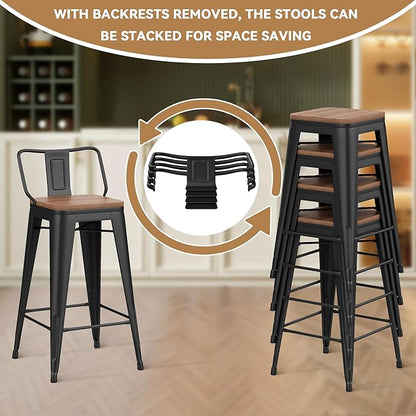 26 Inch Swivel Bar Stools Set of 4 with Backs Counter Height Industrial Metal Barstools Island Bar Chairs for Home Kitchen Dining Room (Swivel 26 inch,Matte Black Wooden)
