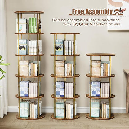 5 Tier Rotating Bookshelf, 360 ° Display Stackable Spinning Bookshelf Tower, Narrow Space Saving Tall Floor Standing Swivel Bookcase Corner Storage Organizer for Bedroom, Living Room, Gold