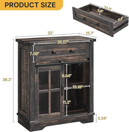 DWVO Farmhouse Coffee Bar Cabinet, Sideboard Buffet Cabinet with Drawer & Adjustable Shelves, Storage Cabinet with Sliding Barn Door for Kitchen and Living Room, Dark Rustic Oak