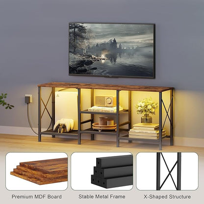 TV Stand with LED Lights for 55 Inch TV, Entertainment Center with 3-Tier Open Shelves, TV Console Table for Living Room, Bedroom, Rustic Brown