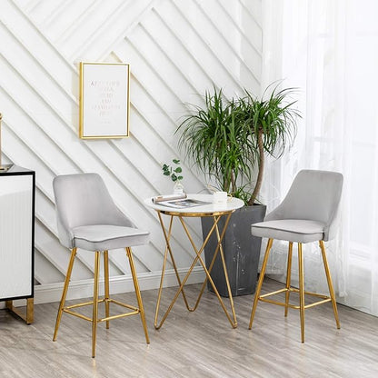 BTEXPERT Set of 2. Upholstered Dining Bar Chairs Footrest High Back Counter Height Barstools, Tufted Grey Velvet Gold Frame 25" Modern Kitchen Island Stool